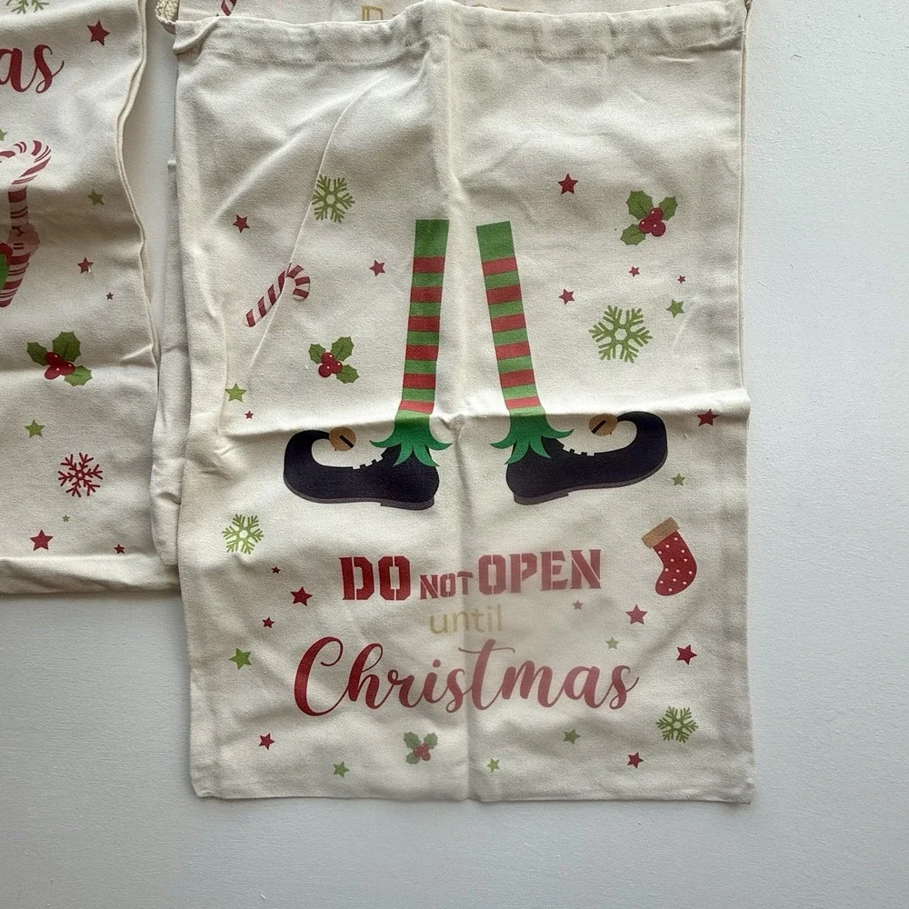 Large Christmas Holiday Gift Bag Elf Lot‎ Of 3 Ivory Color 24 Inches Cloth.